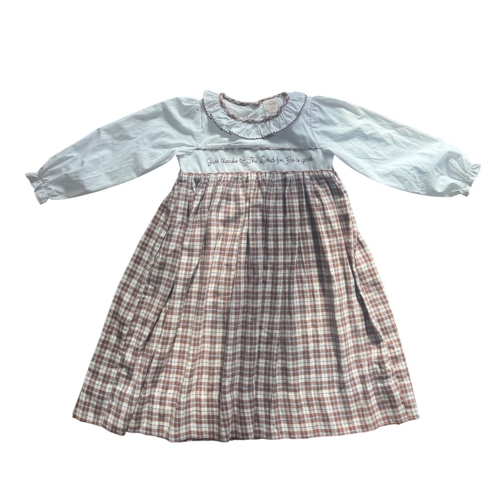 Little Bear Smocks Girls White Brown‎ Plaid Embroidered Dress Size 5